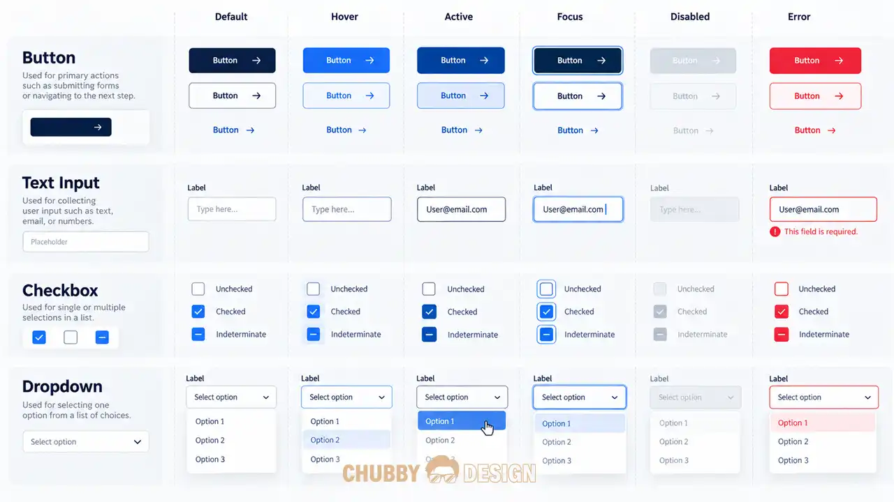 UI Component States แสดงสถานะ Button, Input, Checkbox และ Dropdown สำหรับ Design Handoff