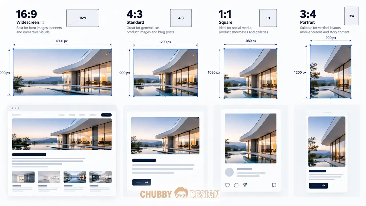 Web Design แสดงสัดส่วนภาพ 16:9, 4:3, 1:1 และ 3:4 สำหรับเว็บไซต์
